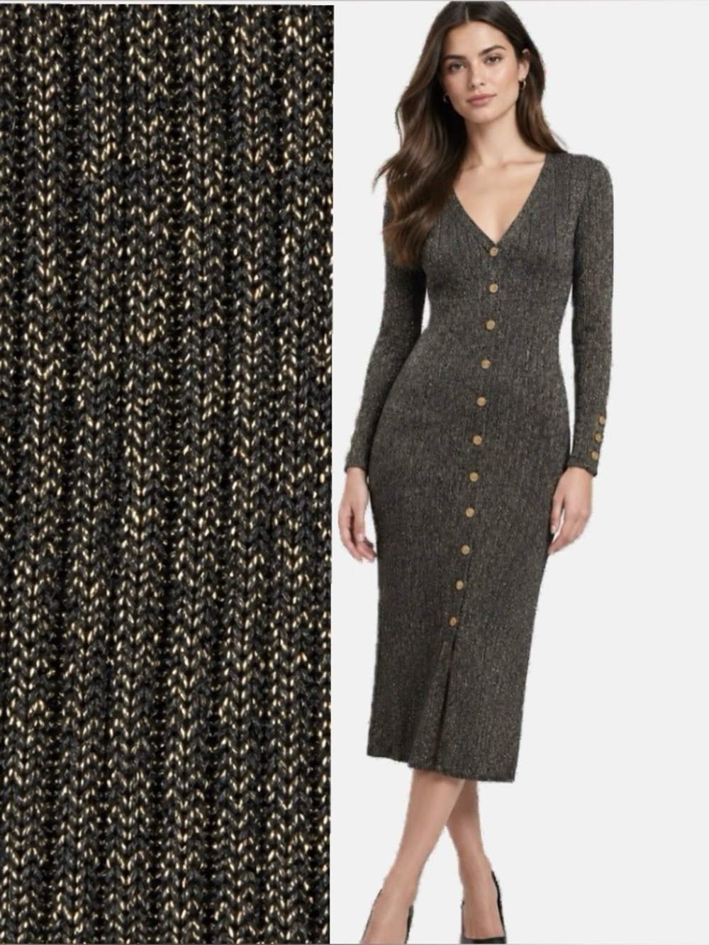 Calvin Klein , Elegant Black With Metallic Gold Button-Down Midi Dress, Size L